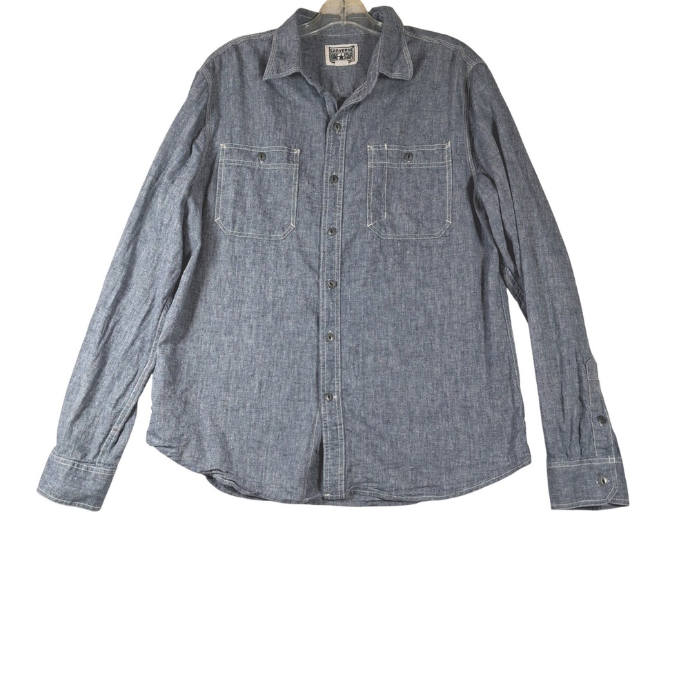 Converse One Star Mens Blue Linen Cotton Blend Long Sleeve Button Down Shirt M